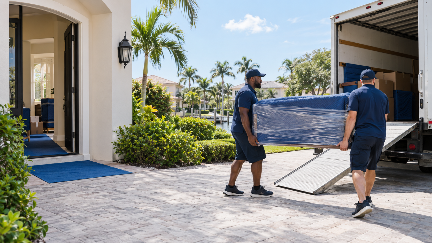 Movers carefully loading wrapped furniture at a Southwest Florida home